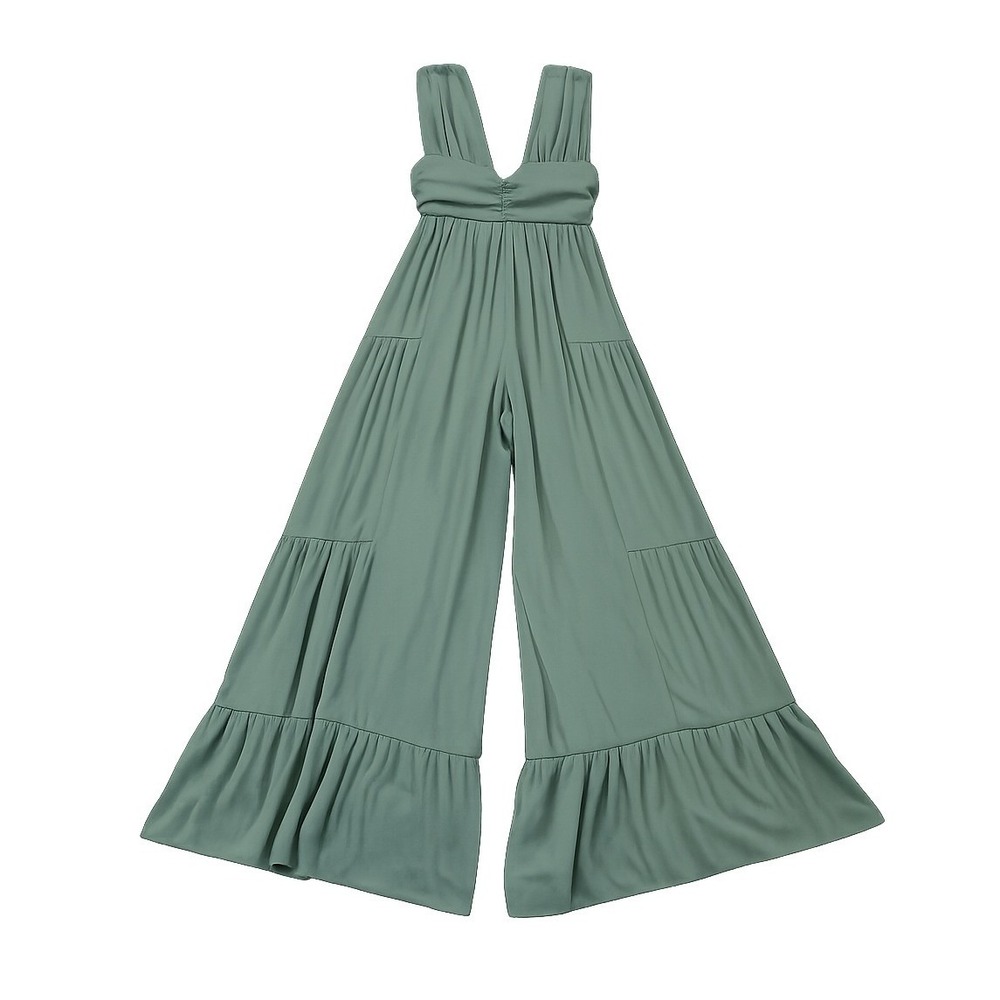 Sage Green Linen Look Plunge Tiered Wide Leg Jumpsuit Women 6 Boho Festival - Picture 6 of 6